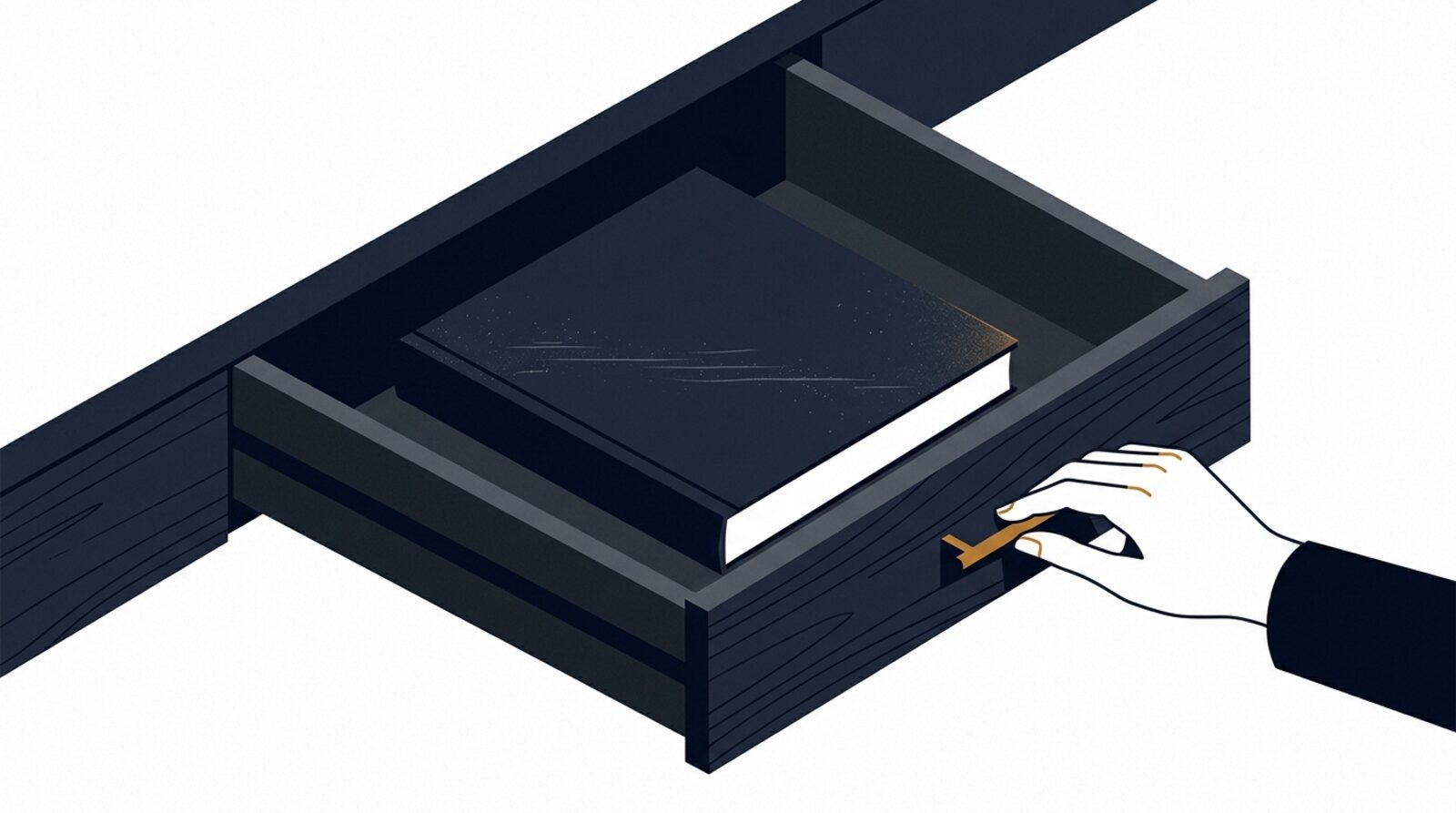 Flache Illustration in Navy und Weiß: Eine Hand schiebt eine Schreibtischschublade zu, in der ein dicker, bereits leicht verstaubter Review-Bericht liegt
