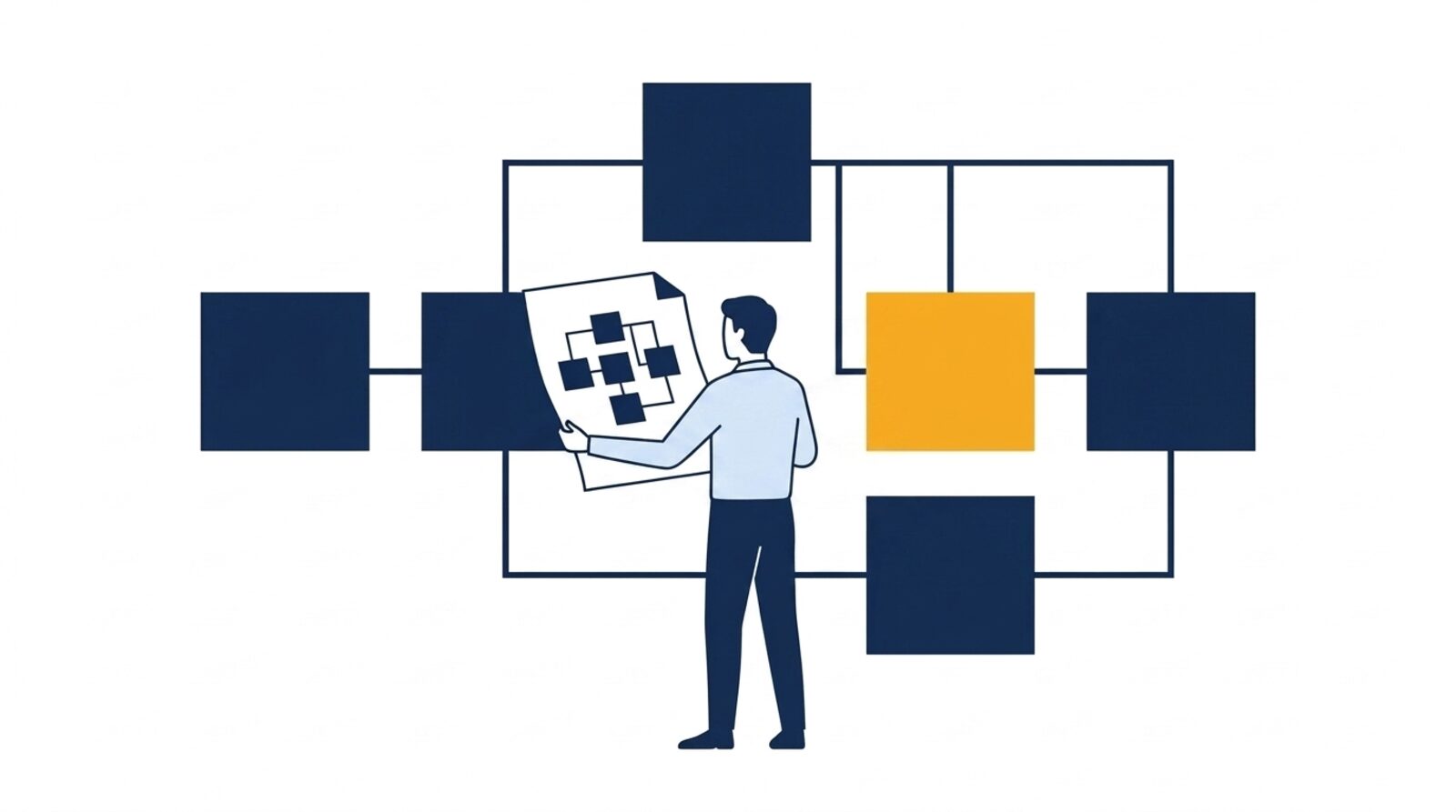 Flache Editorial-Illustration in Navy und Weiß: Eine Person hält ein Blatt mit einem Architekturdiagramm vor das reale System aus verbundenen Blöcken — ein Block des Systems ist amber hervorgehoben, weil er auf dem Papier fehlt