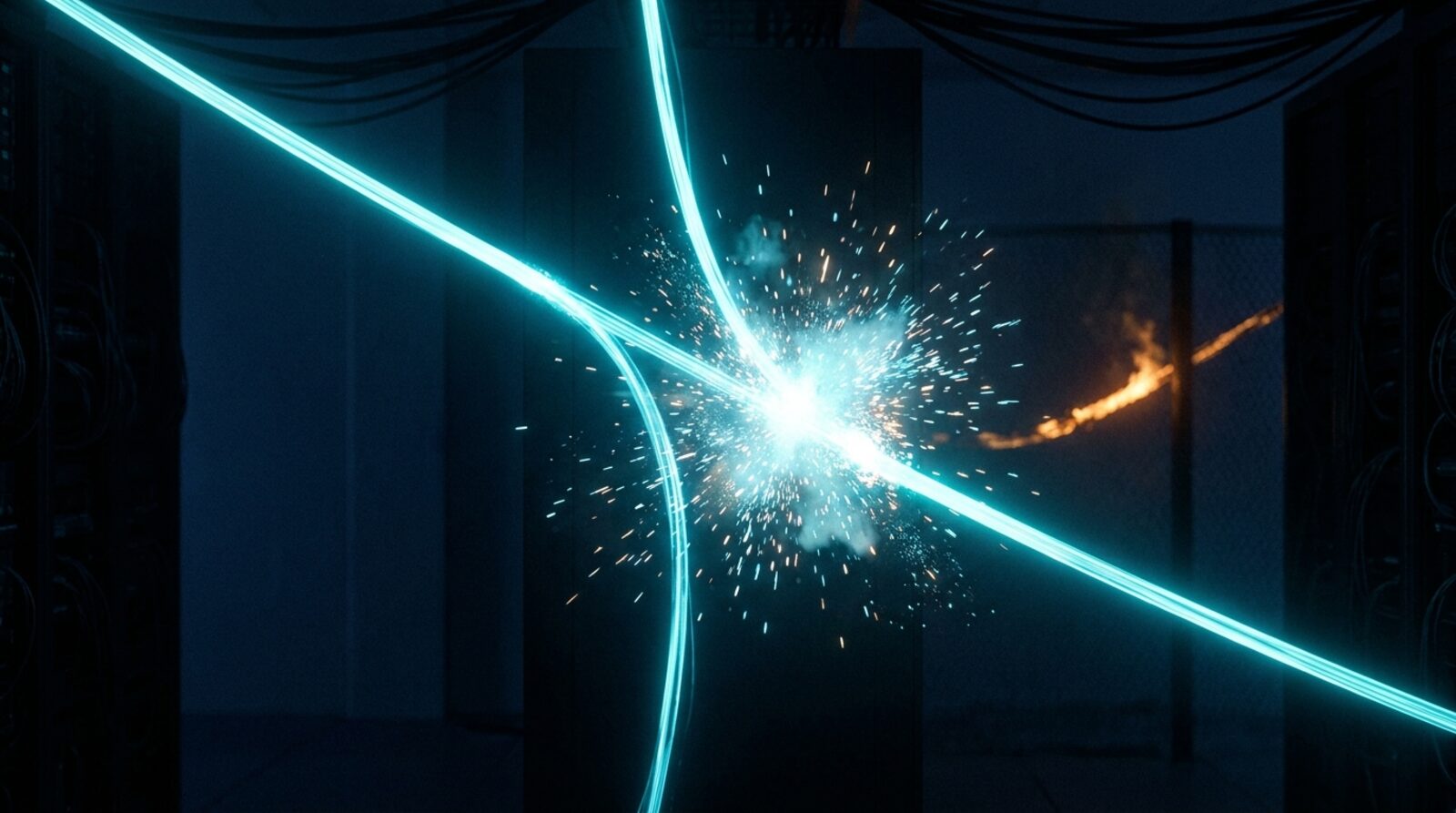 Cinematische Darstellung leuchtender cyanfarbener Lichtstränge, die in einem dunklen Rechenzentrum in einem hellen Funkenpunkt verschmelzen; im Hintergrund endet ein amber glimmender Strang an einer Barriere