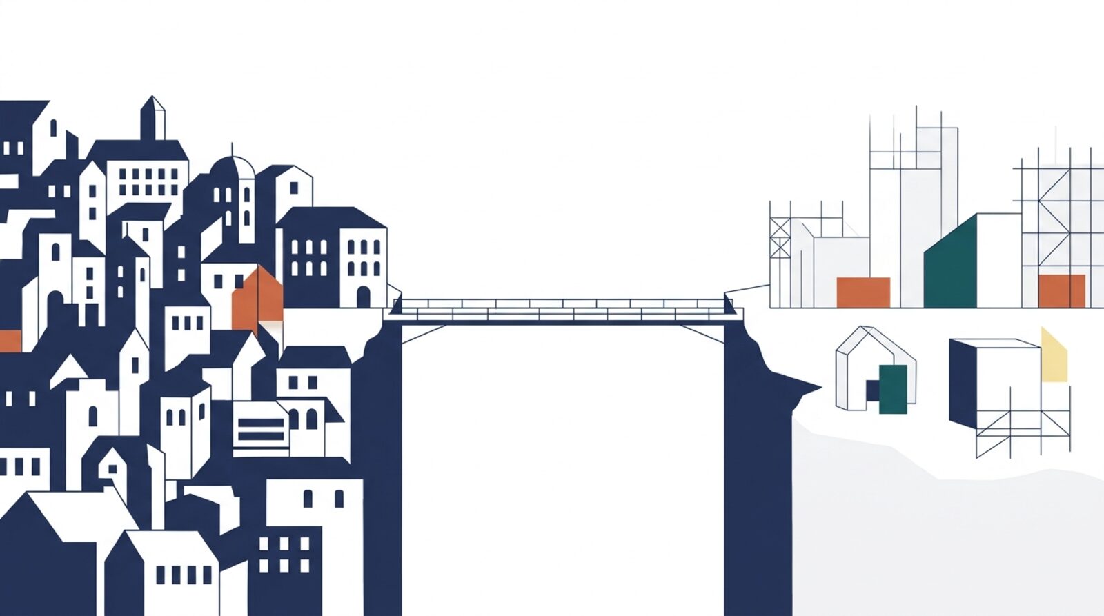 Flache Editorial-Illustration: Eine leere Fußgängerbrücke verbindet eine dichte alte Stadt aus dunklen Navy-Gebäuden mit einer kleinen, halbfertigen neuen Siedlung im Baugerüst