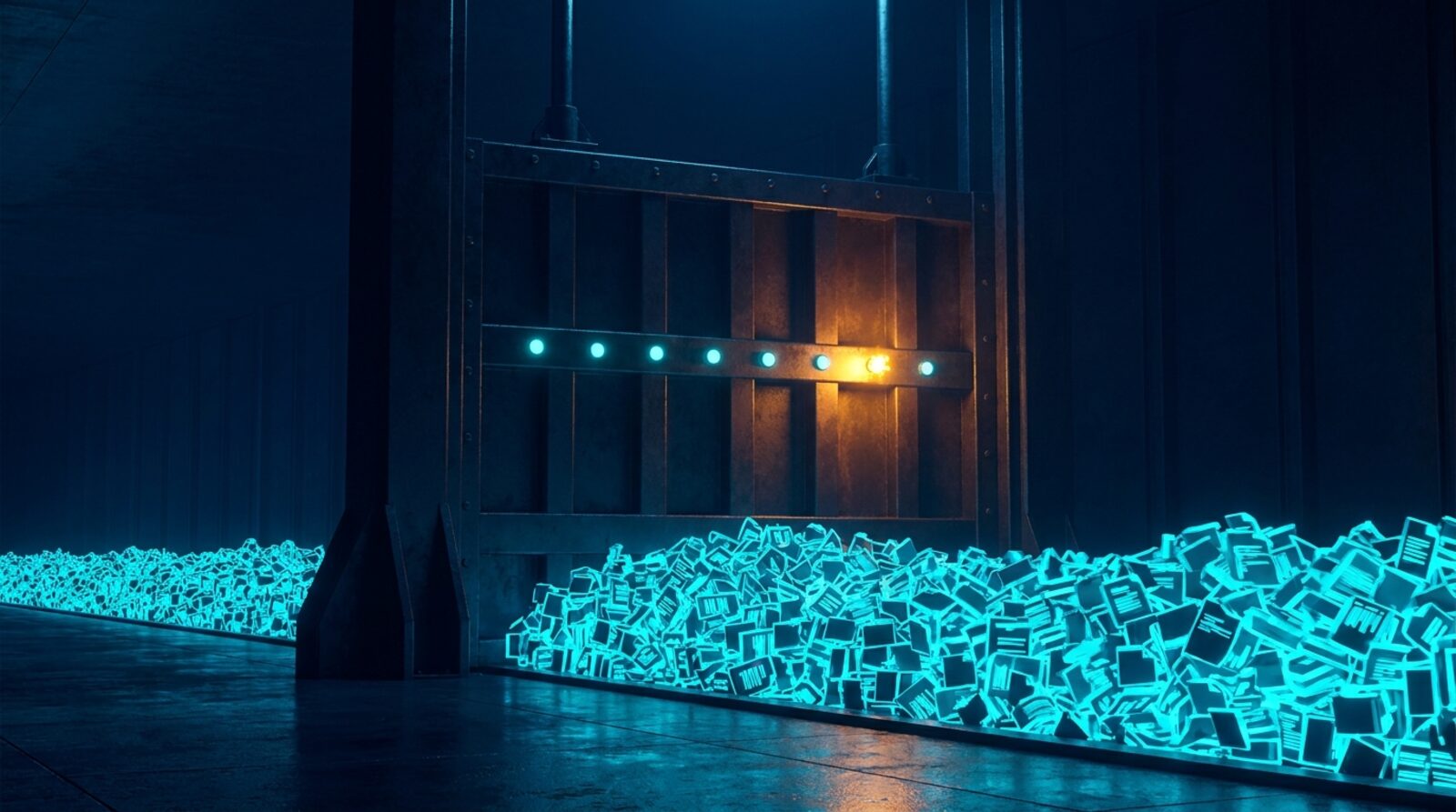 Massives geschlossenes Schleusentor in einer dunklen Halle, davor stauen sich leuchtend cyanfarbene Datenpakete; in der Statusleuchten-Reihe des Tors flackert eine einzige Lampe grell amber
