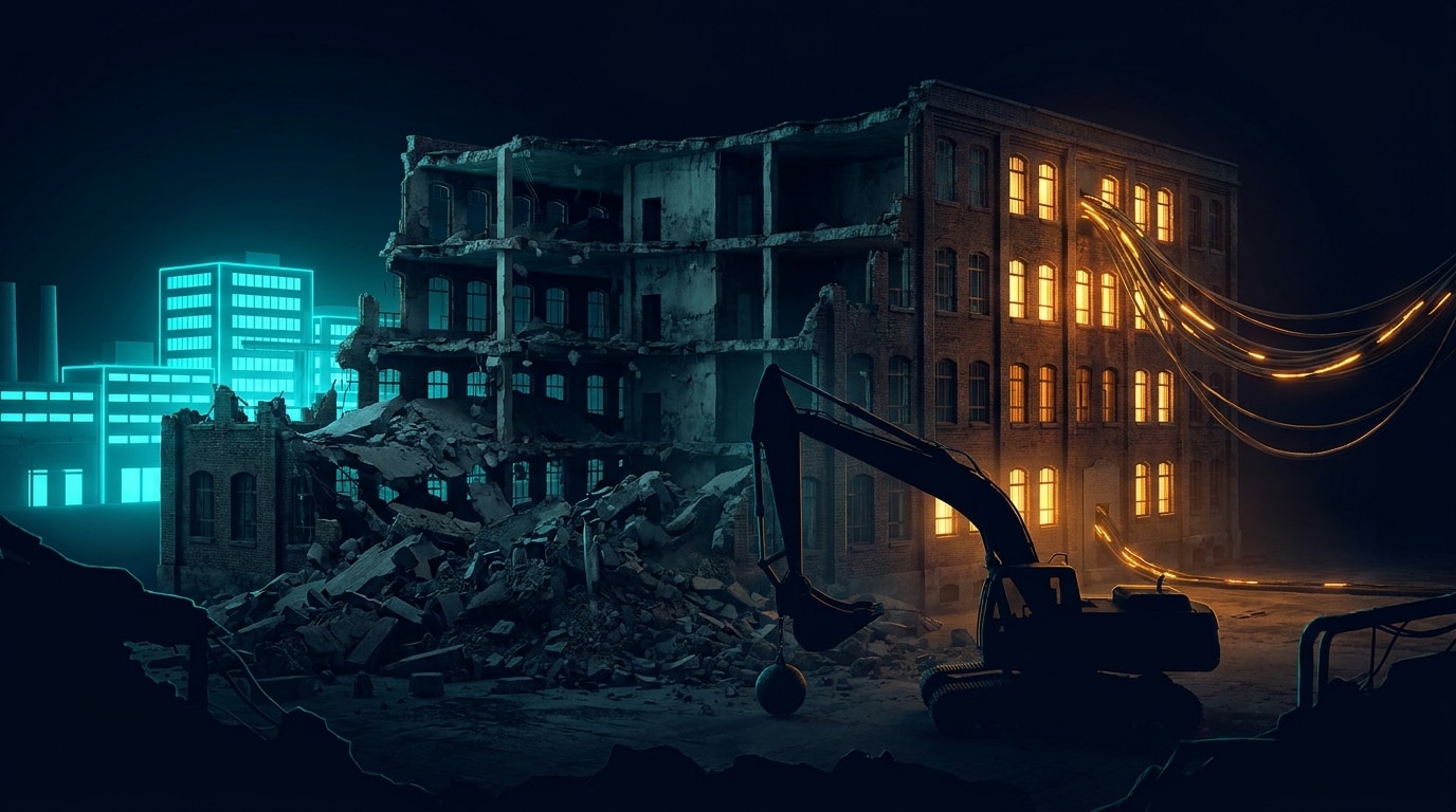 Nächtliche Abrissbaustelle: Von einem alten Backsteinbau steht nur noch der letzte Flügel, seine Fenster leuchten amber und Kabel laufen hinein, davor ruht ein Abbruchbagger mit gesenktem Ausleger, im Hintergrund leuchtet ein neuer Gebäuderiegel cyan